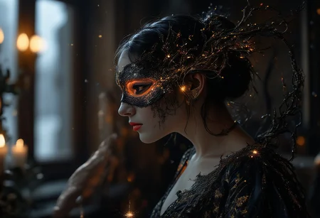 Cinematic style, realism, cinematic quality, Pastel, drawing with dry chalk,
A vibrant, futuristic form with smooth curves and a golden sheen that created an otherworldly atmosphere. The night was thick with rain, its rhythmic drumbeats in the tall windows of the old manor mingling with the low hum of jazz drifting through the room. She moved through the crowd like smoke, dark and elusive, in a shimmering dress that seemed to catch the light in all the right places. Her (((mask of delicate black lace: 1.4))), clinging to her skin, revealed just enough to spark the imagination, but hid the most important parts: her eyes. Only her lips were open, painted a shade of red that seemed both dangerous and inviting, like a whispered secret. One that could kill a man. Simple yet captivating, the design caught the light reflections on its surface, adding depth and dimension. This digital work of art embodies modernity while simultaneously awakening curiosity about what lies beyond our consciousness.