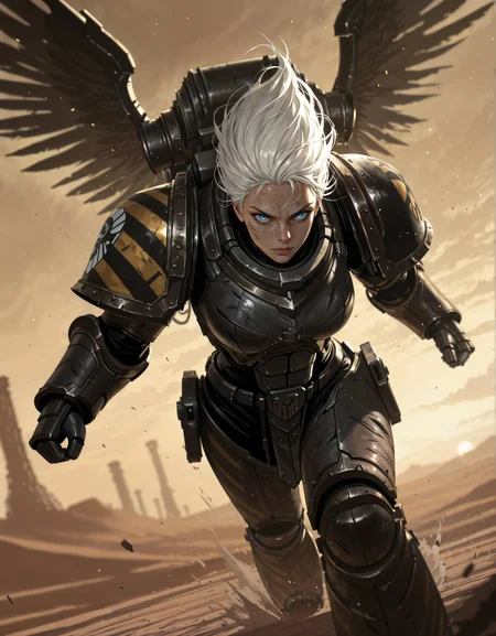 masterpiece, best quality,high quality, newest, highres,8K,HDR,absurdres, dynamic angle, realistic, 1girl, IronW40k, power armor, weapon, wings, solo, shoulder armor, blue eyes, pauldrons, white hair, looking at viewer, power armor, dusty battlefield, limited palette, intense expression, dynamic pose, dramatic lighting, strong depth of field, wind-blown hair, torn fabric, desert landscape, gritty realism, cinematic shot, dutch angle, foreshortening, blurred background, dust particles., detailed background, dynamic pose, dynamic composition,dutch angle, detailed <lora:ILLIronW40k:1>