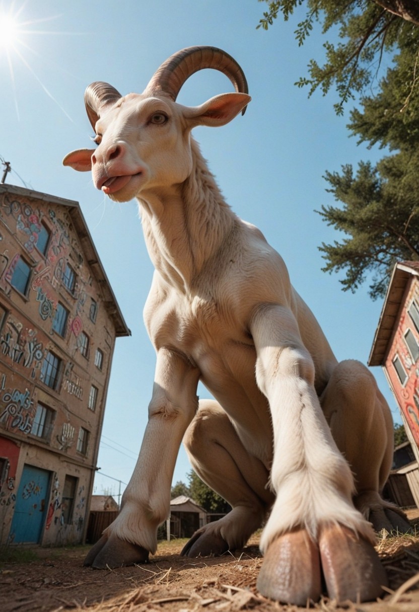 shaggy goat, cloven hoof, turning head, looking at viewer, looking down, looking to the side, crouching, bad attitude, tongue out, smirk, (from the side, from below, extreme angle foreshortening:1.5), fisheye lens, wildlife photography, trees covered in graffiti, score_9, score_8_up, score_7_up