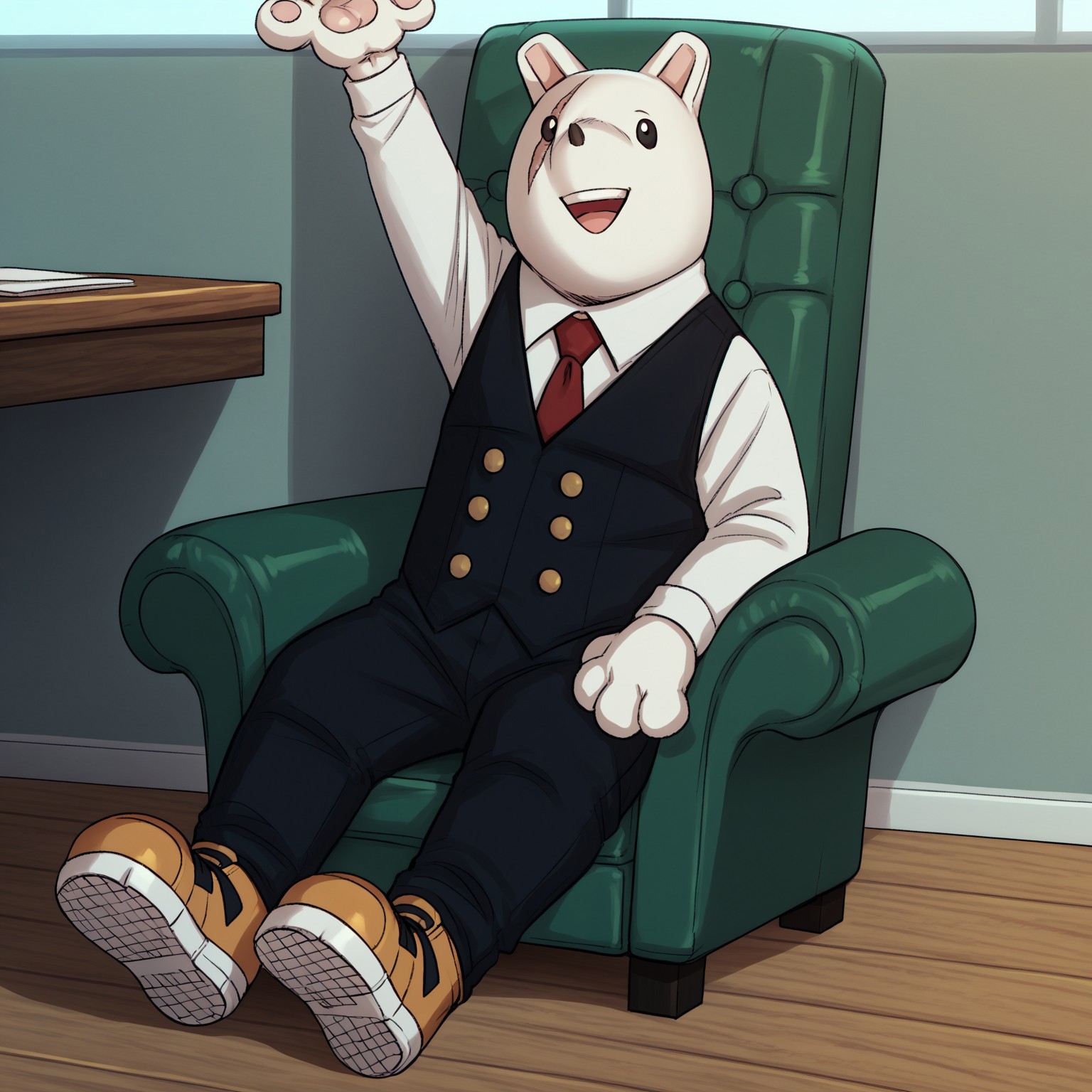 nezumha, score_9, score_8_up, score_7_up, detailed, solo, full body, 1boy, white skin, animal ears, black eyes, scar, animal hands, tail, vest, shirt, red necktie, pants, sneakers, looking at viewer, smile, open mouth, arm up, sitting, chair