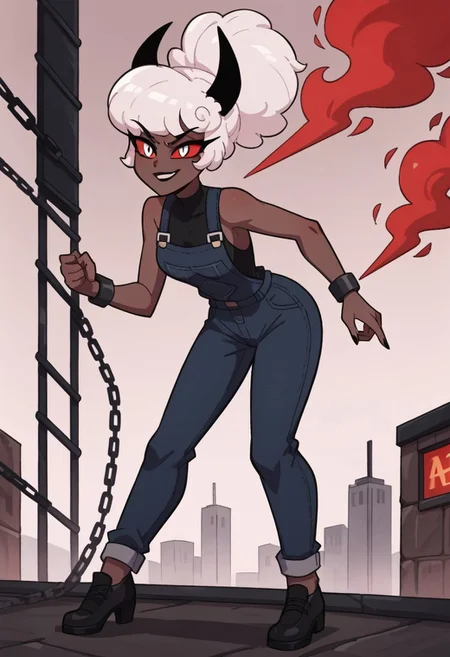 score_9, score_8_up, score_7_up,
masterpiece, best quality, detailed, amazing quality,
detailed background, flames, weapons, city night
detailed eyes, clean eyes,
dynamic pose, full body, leaning forward,
solo, 1woman, woman,
easynegative,
c4rl4_c4rm1n3, white hair, dark skin, red white eyes, black horns,
smirk, evil, black overalls, chains