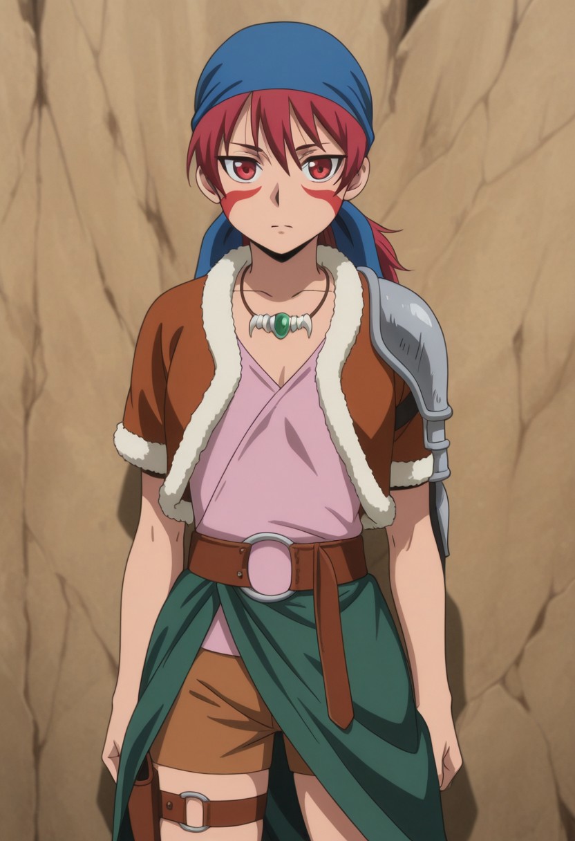 masterpiece,best quality,amazing quality, source_anime, 
alfarid, 1girl, solo, facepaint, red eyes, red hair, blue bandana, necklace, pink shirt, brown jacket, fur trim, shoulder armor, belt, brown shorts, holster, green sarong,