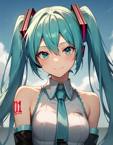 score_9,score_8_up,score_7_up,score_6_up BREAK official art,solo,outdoors,smile,upper body,(portrait:2),cheek-to-cheek,looking at viewer,facing viewer,hatsune miku,absurdly long hair,aqua hair,twintails,hair ornament,sidelocks,hair between eyes,parted bangs,aqua eyes,white shirt,collared shirt,bare shoulders,sleeveless shirt,aqua necktie,detached sleeves,black sleeves,shoulder tattoo,fringe,black thighhighs,miniskirt,pleated skirt,zettai ryouiki,thigh boots,<lora:Hatsune Miku(voi)-Pony:1.2>,<lora:Smooth Anime Style LoRA XL:0.8>,