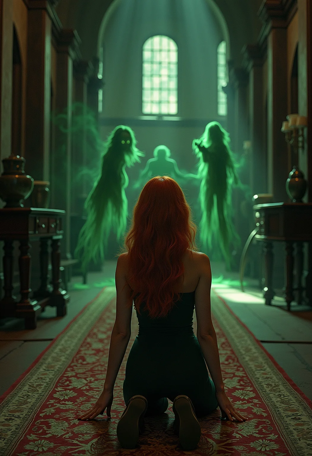 A gorgeous woman with vibrant auburn hair kneels on a richly patterned rug in a grand, dark and dimly lit hallway of an old mansion. Her wide, green eyes reflect the shock of seeing ghostly, green apparitions floating around her. The hallway is lined with tall, narrow windows and ancient, wooden furniture, casting long shadows. Her tight, dark outfit accentuates her form, with realistic fabric textures. The soft, diffused light from the windows adds a photorealistic touch, enhancing the scene's depth and atmosphere.