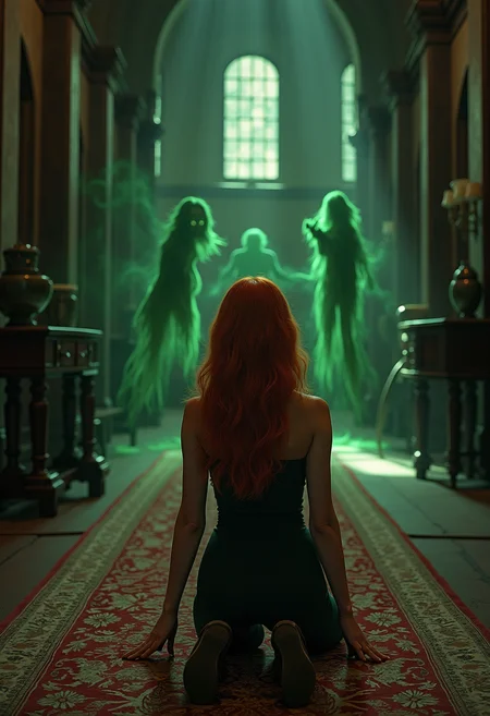 A gorgeous woman with vibrant auburn hair kneels on a richly patterned rug in a grand, dark and dimly lit hallway of an old mansion. Her wide, green eyes reflect the shock of seeing ghostly, green apparitions floating around her. The hallway is lined with tall, narrow windows and ancient, wooden furniture, casting long shadows. Her tight, dark outfit accentuates her form, with realistic fabric textures. The soft, diffused light from the windows adds a photorealistic touch, enhancing the scene's depth and atmosphere.