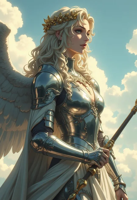 1girl, valkyrie in gorgeous armor is holding a spear in hand, (side view, solo:1.1), standing, golden laurel wreath crown, goddess, pale skin, beautiful face, armored dress, wings, looking at viewer, cloudy sky, holy light, light from clouds, fantasy theme