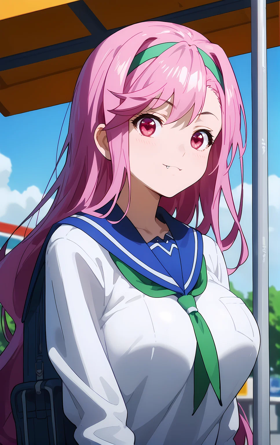 (score_9, score_8_up, score_7_up), standing, leaning forward, looking at viewer, light smile, closed mouth, shiny skin, tight clothes,
ohwx, 1girl, solo, pink_hair, long_hair, hairband, pink_eyes, red eyes, heart, fang, fang_out, breasts, large_breasts,
school_uniform, serafuku,
bus stop,
cowboy shot, dutch angle, close-up,
<lora:shiria_ootsuka_pony_ss:1>