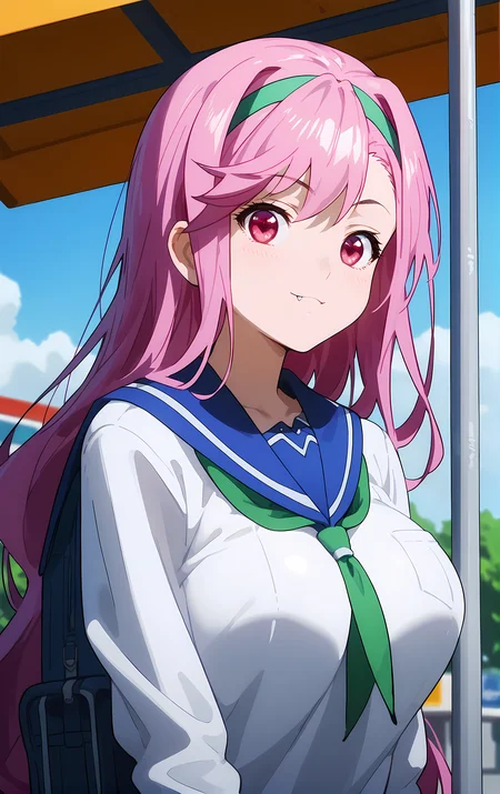 (score_9, score_8_up, score_7_up), standing, leaning forward, looking at viewer, light smile, closed mouth, shiny skin, tight clothes,
ohwx, 1girl, solo, pink_hair, long_hair, hairband, pink_eyes, red eyes, heart, fang, fang_out, breasts, large_breasts,
school_uniform, serafuku,
bus stop,
cowboy shot, dutch angle, close-up,
<lora:shiria_ootsuka_pony_ss:1>