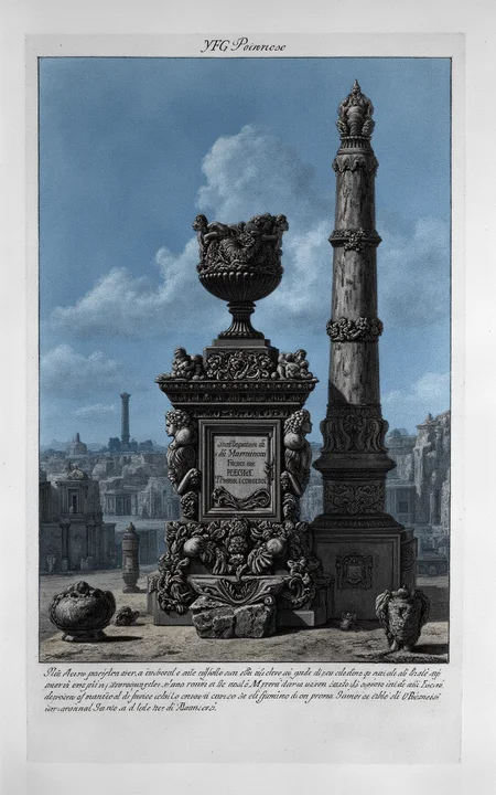 YFG-Pira. (((The title of the etching is "YFG Piranese":2))), Render an etching-style image of a weathered stone monument with intricate carvings and ornate details, set against a hazy blue-gray background evoking the foggy atmosphere of 18th-century Rome, in the style of Giovanni Battista Piranesi, with the title "YFG PIRANESE" embossed at the top in bold, antique font, featuring a large, partially cracked terracotta urn on the monument's base, surrounded by overflowing flower pots and ornate jugs, while in the foreground, a towering stone obelisk rises from the fog, its surface worn smooth by time, with a few wispy clouds drifting through the dark sky.