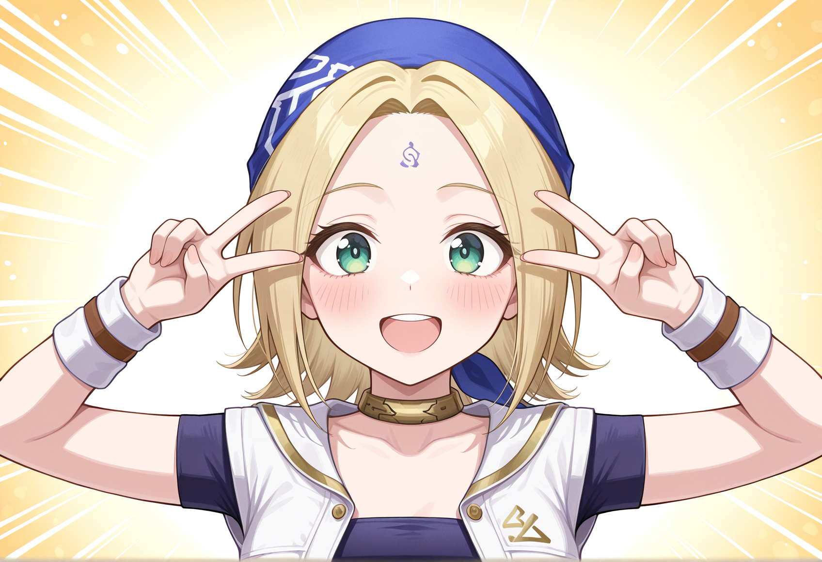 double v, emotional engine - full drive, 1girl, solo, blonde hair, green eyes, short hair, forehead mark, official alternate costume, bandana on head, neck ring, tube top, vest, wristband <lora:fina_arcadia:1>, masterpiece, best quality, amazing quality, very aesthetic, absurdres, highres, newest
