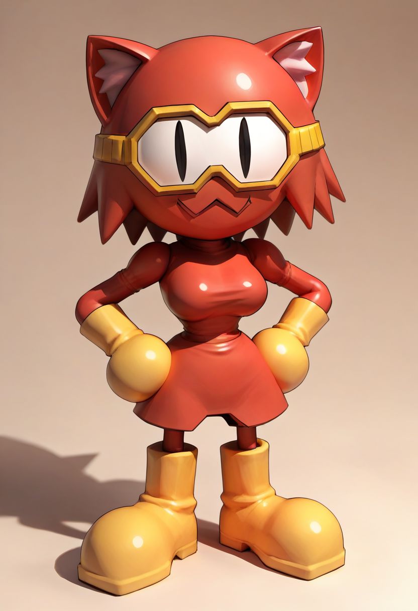 score_9, score_8_up, score_7_up, score_6_up, score_5_up, score_4_up, pooka, pooka, red body suit, yellow ski googles, yellow elbow gloves, yellow kneehigh boots 1girl, woman, female, solo, breasts, latex, skin tight, from front, white visor, cartoon eyes, pooka, hands on hips, round head, cave tunnel, slit pupils, cat ears, :3, chibi, black eyes,