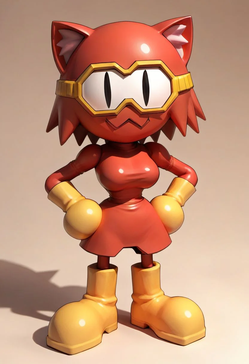 score_9, score_8_up, score_7_up, score_6_up, score_5_up, score_4_up, pooka, pooka, red body suit, yellow ski googles, yellow elbow gloves, yellow kneehigh boots 1girl, woman, female, solo, breasts, latex, skin tight, from front, white visor, cartoon eyes, pooka, hands on hips, round head, cave tunnel, slit pupils, cat ears, :3, chibi, black eyes,