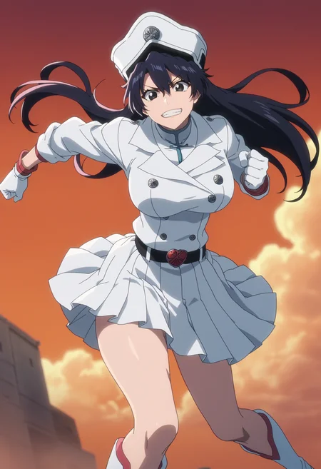 score_9, score_8_up, score_7_up, source_anime,
BREAK
1girl, solo,
<lora:shiBambiV2:1>,
shibambi, anime screencap, anime coloring,
long hair, black hair, hair between eyes, large breasts, black eyes,
military hat, shako cap,
long sleeves,
white jacket, military uniform,
belt, pleated skirt, white skirt,
white gloves, thighs,
white boots,
looking at viewer, grin, clenched hand,