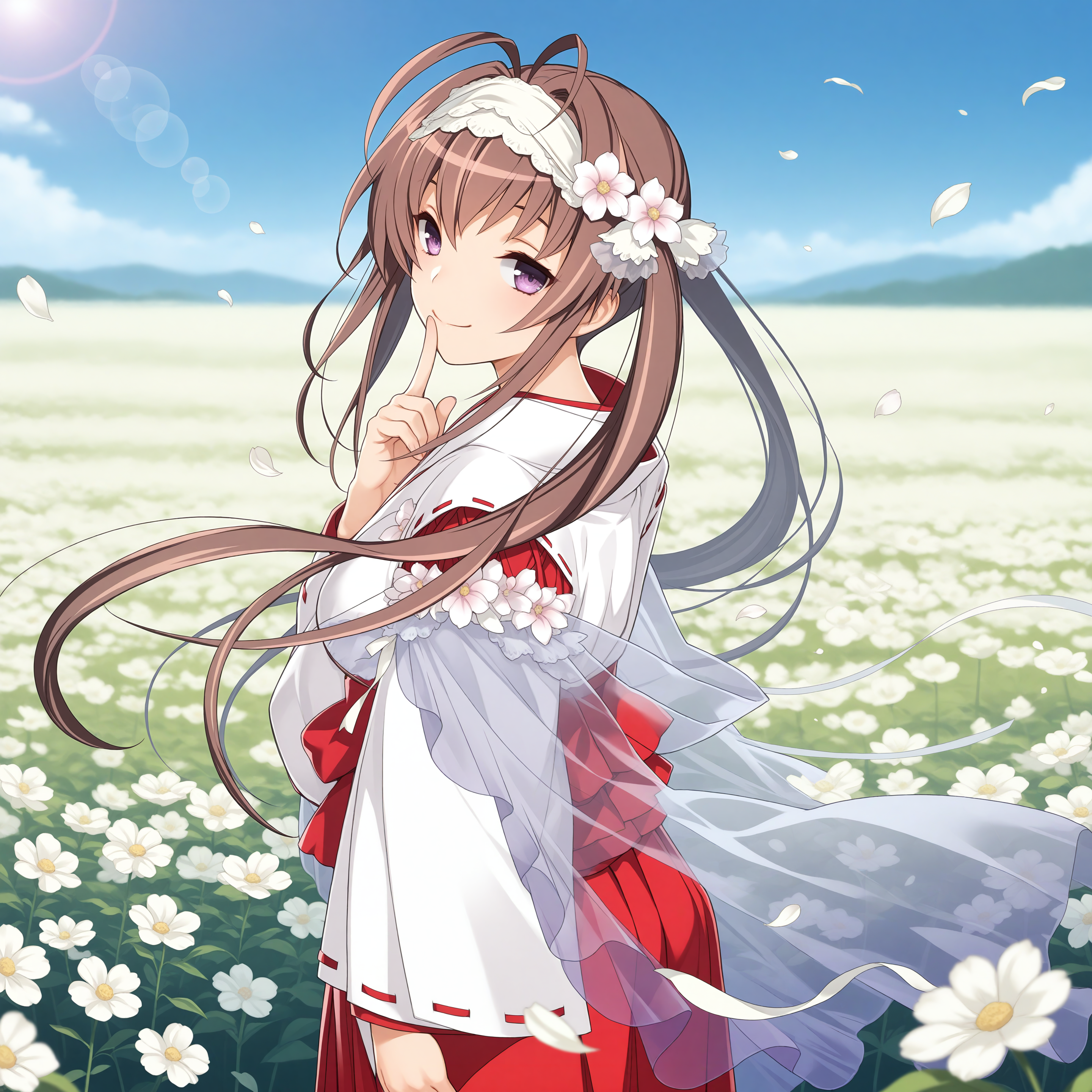 <lora:Tokugawa_Tone_1_nai-000057:1>,Tokugawa Tone,twintails,very long hair,
official outfit,hair ornament,hair flower,white hairband,japanese clothes,ribbon trim,red hakama,hakama skirt,white kimono,see-through shawl,flower on shoulder,white flower,red bow,white ribbon,
BREAK
1girl,solo,smile,from side,looking at viewer,finger to mouth,day,floweres,flower,flower field,standing,wind,floating hair,depth of field,lens_flare,petals,falling petals,