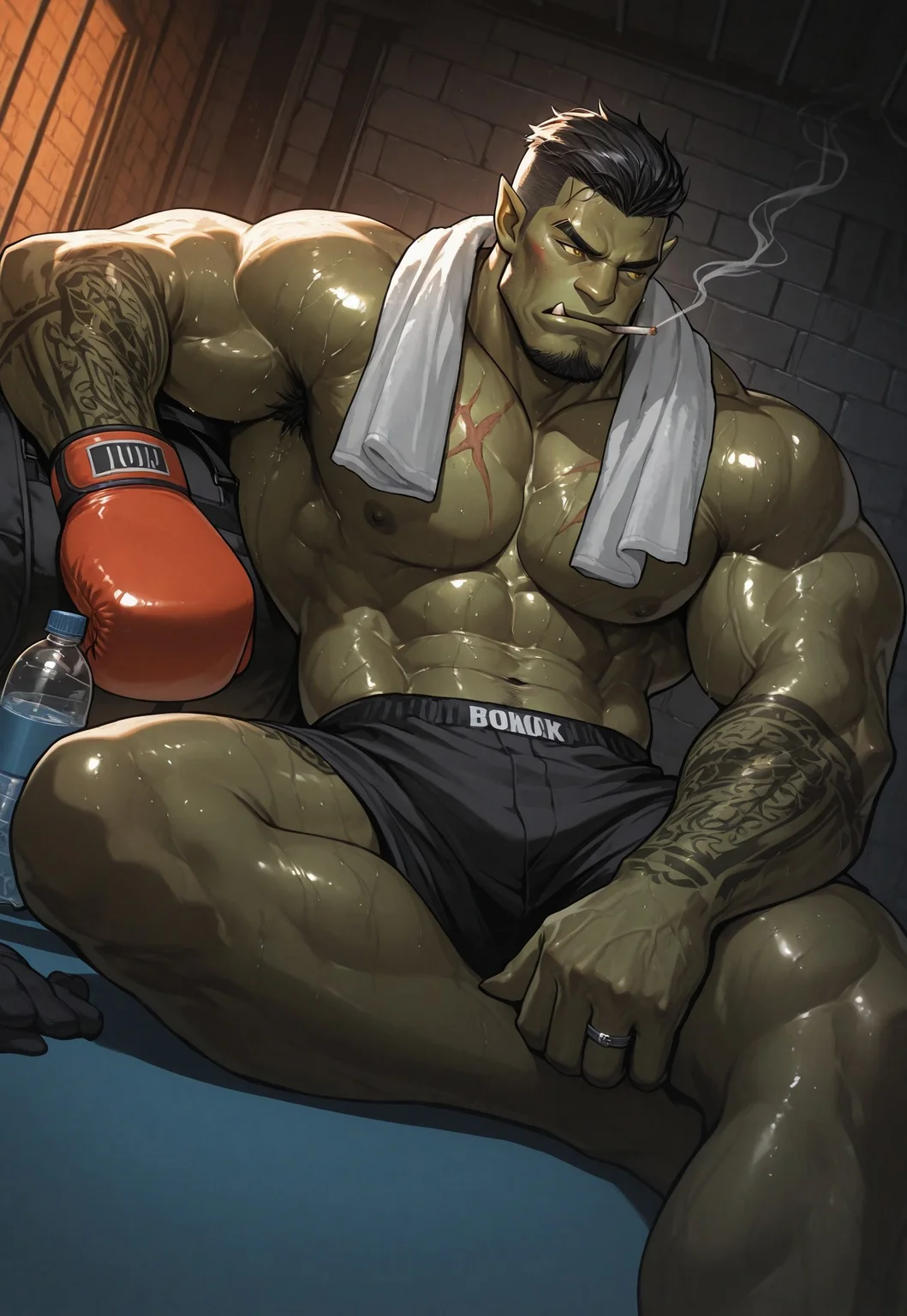 1boy, male focus, orc, muscle orc, green skin, muscular, large pectorals, yellow eyes, black hair, goatee, undercut, hair slicked back, smoking cigarette, towel around neck, arm tattoo, thigh tattoo, short hair, eyebrow cut, sitting, boxer shorts, scar on chest, ring, duffel bag, looking away, sweaty, steamy, shiny skin, boxing gloves, injury, bruise, annoyed expression, on floor, exhausted, against wall, water bottle, armpit hair peek, unworn gloves,
BREAK
boxing gym, indoors, night, moonlight, brick wall, abandoned,
BREAK
cinematic, dynamic pose, dynamic angle, dramatic shadows, film grain, silhouette, dark, spot color, high contrast, blue and orange theme, orange light, blue shadow, cool tones, duotone, rim lighting, very awa, masterpiece, best quality, absurdres, newest, perfect quality, detailed background, intricate details, (maosen:0.9), (crackingtaro:0.9), (chimmyming:0.9)