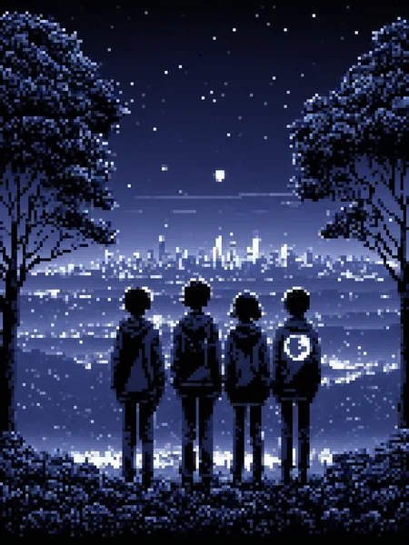yamer_pixel_fusion, shirt, nature, 2boys, night sky, bush, long sleeves, city, night, multiple girls, looking at viewer, monochrome, <lora:Pixel_Fusion_LORA:1>
