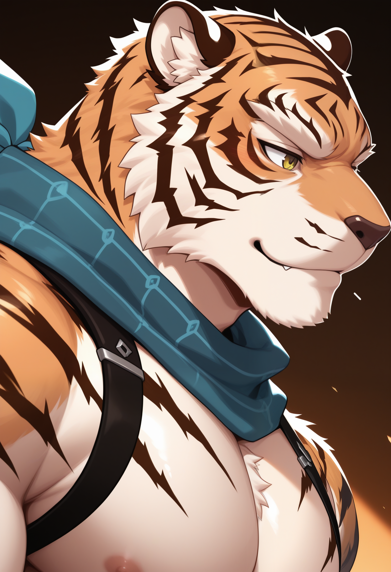 masterpiece,best quality,amazing quality, 1boy, solo,  p4ng,  tiger boy, black strap, blue scarf, close up, side angle, confident,