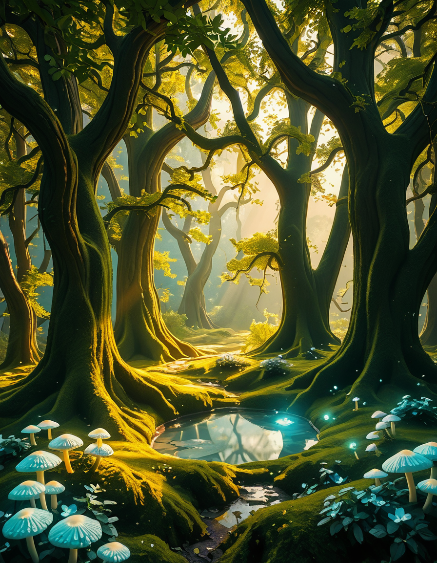 A mystical enchanted forest bathed in a soft, ethereal glow. Towering ancient trees with twisted roots and bioluminescent moss create a dreamlike atmosphere. The air is filled with a faint, magical mist that swirls gently around vibrant, oversized mushrooms and glowing blue and purple flowers. Delicate fireflies and tiny floating orbs of light hover in the air, illuminating the dense foliage with a magical shimmer. A narrow, winding path covered in soft moss leads deeper into the mysterious woodland, where faint beams of golden sunlight filter through the thick canopy, casting intricate patterns on the forest floor. The colors are rich and vibrant, with deep emerald greens, soft blues, and glowing purples creating a surreal and otherworldly ambiance. The scene is highly detailed and photorealistic, capturing the textures of the moss-covered tree trunks, the luminescent flora, and the misty, dreamlike atmosphere of the enchanted forest.
<lora:SDXLFaeTastic2400:0.4> <lora:extremely_detailed:0.4> extremely detailed,<lora:3nch4nt3d_f0r3st-ill:1>,3nch4nt3d f0r3st, Masterpiece,best quality,hi res,8k,hi res,8k,award winning,(sharp focus, intricate, highly detailed),