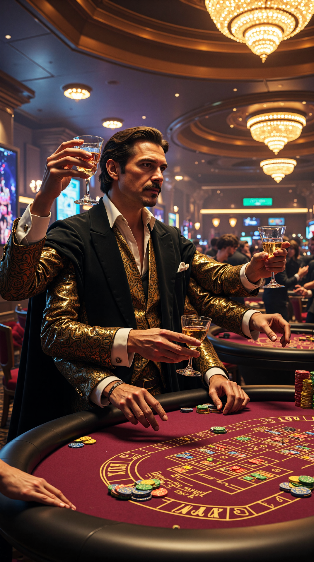 A suave and charismatic smuggler with manymany arms, each arm adorned in a different, extravagant suit sleeve, complete with flashy cufflinks and ornate, gemstone-encrusted shirt cuffs. In each of his manymany hands, he holds a different, exotic cocktail, with one arm raising a glass in a toast, while another arm gestures dramatically as he tells a tale of his latest adventure. One of his manymany arms leans against the polished, silver railing of a high-stakes sabacc table, while another arm adjusts his cape, which flows behind him like a dark, velvet cloud. His manymany eyes, each one gleaming with charm and sophistication, sparkle with mischief as he surveys the room, taking in the sights and sounds of the bustling, intergalactic casino. 
The scene takes place in a luxurious, high-ceilinged gaming room, with towering, crystal chandeliers refracting the light of a thousand, twinkling stars, and rows of elegant, holographic gaming tables stretching out as far as the eye can see. The room is filled with a diverse, cosmopolitan crowd of aliens and space-faring humans, all gathered around the tables, placing bets and cheering on their favorite players. In the background, a massive, curvaceous window offers a breathtaking, panoramic view of the galaxy, with stars, planets, and nebulae stretching out to infinity. The camera angle is low and dynamic, looking up at Lando from a 45-degree angle, with the sabacc table and the cocktail glasses blurred in the foreground, and Lando's manymany arms and eyes sharply in focus, as if frozen in the midst of a thrilling, high-stakes game.
The image is photorealistic and has cinematic vibes. Beautiful atmospheric lighting. Professional photography. <lora:ManyMany-000010:0.7>