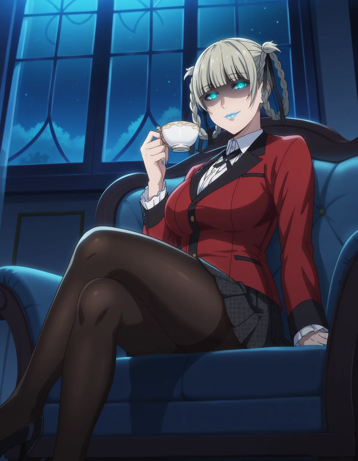 score_9, score_8_up, score_7_up, source_anime,anime screencap,anime coloring, intricate details,
uncensored,
mature female,
kirari, 1girl, bangs,braid,makeup,twin braids,blunt bangs,aqua nails,aqua eyes,blue lips,hair ribbon,ribbon,hair rings,lipstick,grey hair,lips, nail polish,black ribbon,blue eyes, blue nails,
large breasts,
pleated skirt,black pantyhose,blazer,skirt,collared shirt,red jacket,white shirt,school uniform,long sleeves,
looking at viewer, smile, solo focus, full body,glowing eyes, shaded face, half-closed eyes, holding teacup,
from below,black high heels, sitting in armchair, crossed legs, closed mouth,
perfect anatomy,
scenery,indoors,couch, formal, night sky, starry sky,night, dark background, Low-key lighting,
<lora:KirariMomobami_epoch_15:1> <lora:merged:0.4>