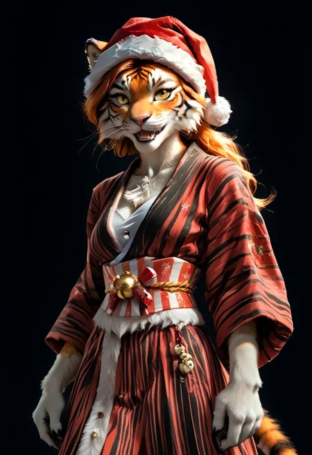 A female anthropomorphic tiger samurai, tight, green-and-red-striped Christmas Kimono covered in cartoonish snowmen and candy canes. A tattered Santa hat sits on her head, barely staying in place atop her fluffy tiger ears ears. Her yellow eyes burn with aggression, and her sharp tusks protrude the evil grin she gives the viewer. In her furry hands, she wields a blood-drenched katana, the blades stained with evidence of her previous battles. Despite the clear danger he poses, the ridiculousness of her festive attire contrasts sharply with her ferocious expression and the weapon, making her a comical yet intimidating presence
ffluffy_new_year, merry_furistmas, monochrome, glow, neon, asdfm3cha, highres, (realistic:1.4), perfect sharpness, female (animal furry), very silky detailed fur, tail, paw, animal ears, neg prompt: lowres, hairless skin, shiny skin, human skin, human girl