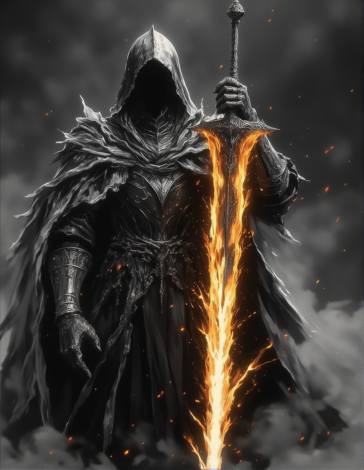 A grayscale ink wash painting depicting a dark-armored figure, male, holding a flaming colossal sword. The armor is intricately detailed, dark gray with lighter gray metallic accents, rendered with loose, expressive brushstrokes. The helmet is ornate, obscuring the face completely. The sword's blade glows with varying shades of gray, mimicking the effect of intense orange and yellow flames, extending from the blade to the hilt. The background is a smoky, dark gray, with subtle tonal variations suggesting a fiery environment. The flames appear to engulf the figure's head and shoulders, with a slightly blurred, out-of-focus quality adding to the ethereal atmosphere. The overall style is monochromatic, with diffuse and soft lighting, evoking serenity and mystery.  The brushstrokes are loose and expressive, with varying levels of opacity creating depth and movement, ne0nfant4sy, HKMagic, <lora:Dever_Flux_Enhancer:0.4>, <lora:NeonFantasyPrimeFLUX:0.8>, <lora:FantasyWizardWitchesFluxV2-000001:1>, <lora:Elden_Ring_-_Yoshitaka_Amano:0.5>,