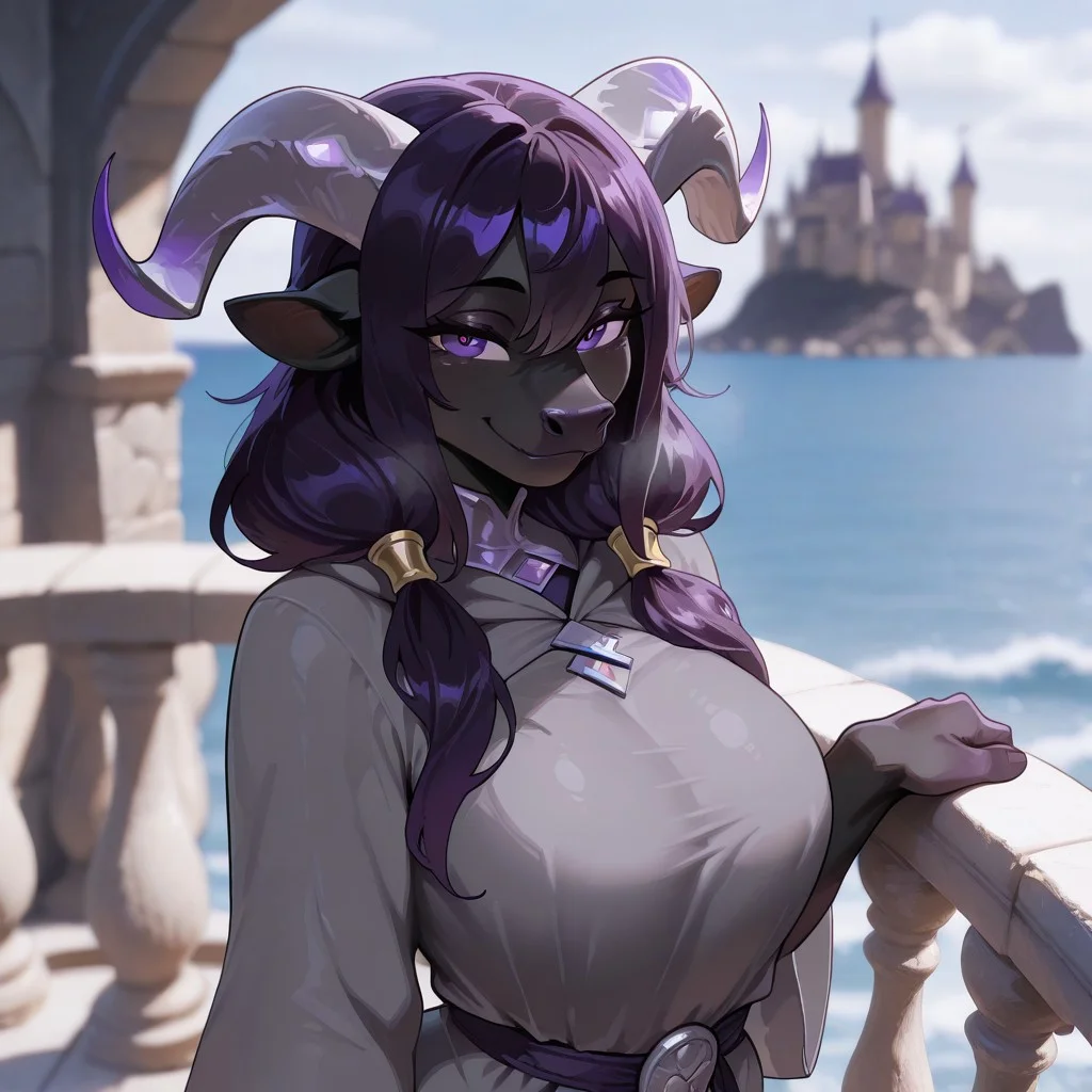 masterpiece, best quality, amazing quality, very aesthetic, solo,
minotaur, furry,
1 girl, female focus, purple eyes, black skin, dark purple hair, pigtails, long hair, gray horns, gray robe,
(looking at viewer:1.2), smiling,
castle balcony, sea, fantasy background, blurred background,
