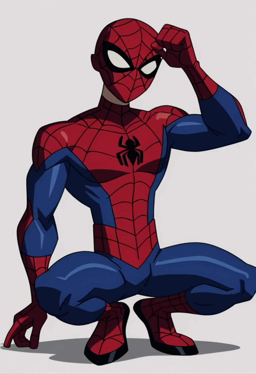score_9, score_8_up, score_7_up, source_anime simple background, source_anime, anime screencap, (spiderman) spider-man, solo, superhero, bodysuit, mask, 1boy, male crouched pose, flat color, style_parody, full_body, spiderman, spiderman bodysuit, crouching, simple background, wyatt, full face mask