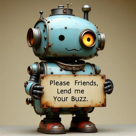 ctindstrlCE style, industrial, mechanical, cute robot holding sign that says:  Please Friends, Lend me Your Buzz