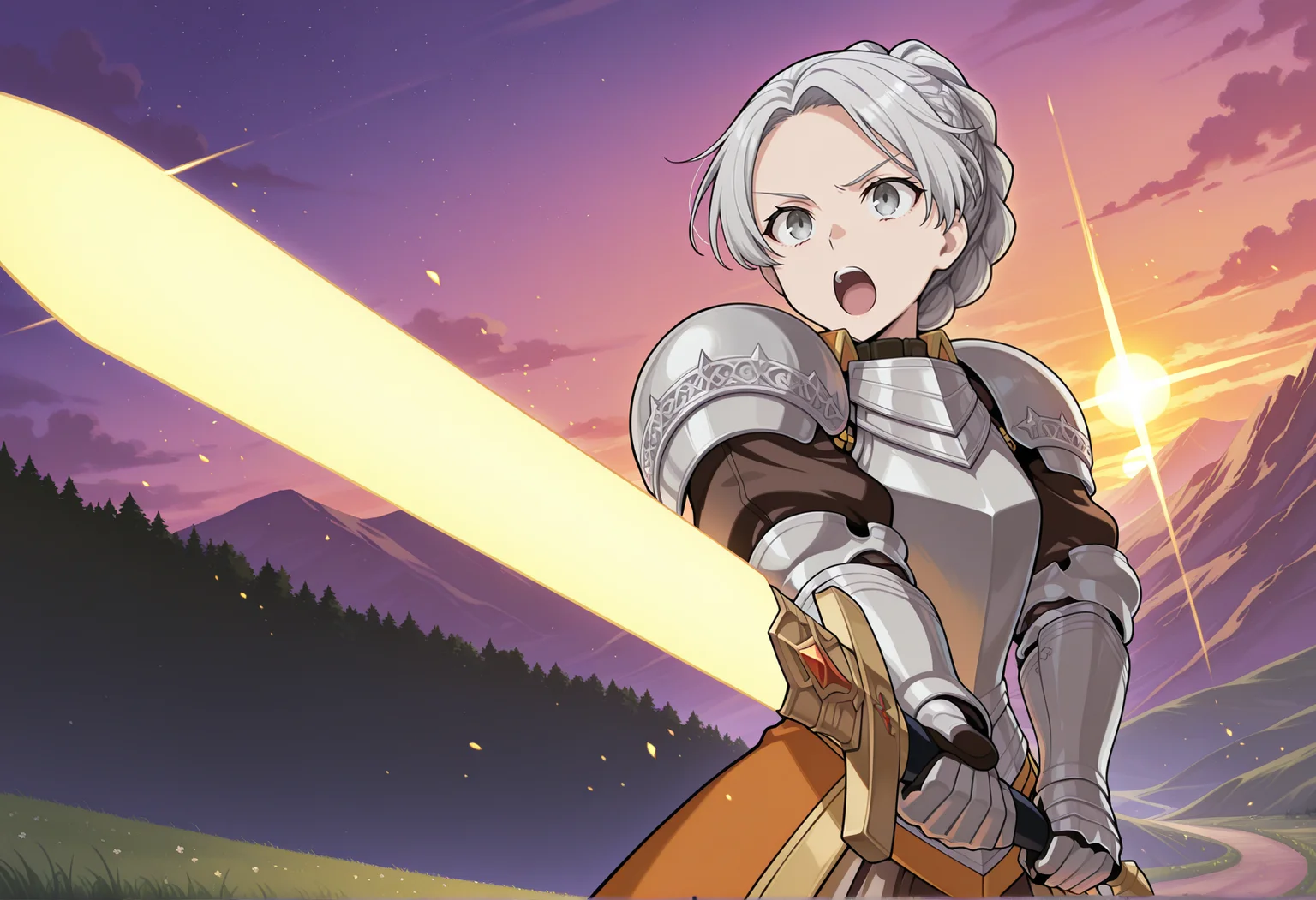 excalibur \(fate/stay night\),
BREAK
close-up, anime screenshot, anime screencap, anime coloring, 1girl, solo,  long hair, grey hair, gray eyes, single hair bun, braid, orange dress, armor, breastplate, pauldrons, upper body, gauntlets, holding sword,  fighting stance, outdoors, valley, casting spell, sunrise stance, open mouth <lora:chris_ligthfellow_illus:1>brave_pose  <lora:Brave_Pose:1>, masterpiece, best quality, amazing quality, very aesthetic, absurdres, highres, newest