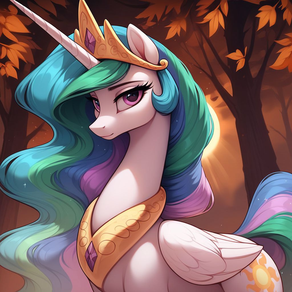 masterpiece, score_9, score_8_up, score_7_up, (best quality:1.1), ultra-detailed, high resolution, beautiful detailed eyes, Long eyelashes, Looking At Viewer, Highly Visible, 8k, Princess Celestia, Alicorn, g4, both cutie marks, female, feral, sharp focus, perfect lighting, beautiful eyes, anatomically correct, anatomically correct face, extremely detailed, (In the autumn forest), Sun rays cutting through dark clouds, shine on body, high detail, playful face, Expressiveh, OverallDetail