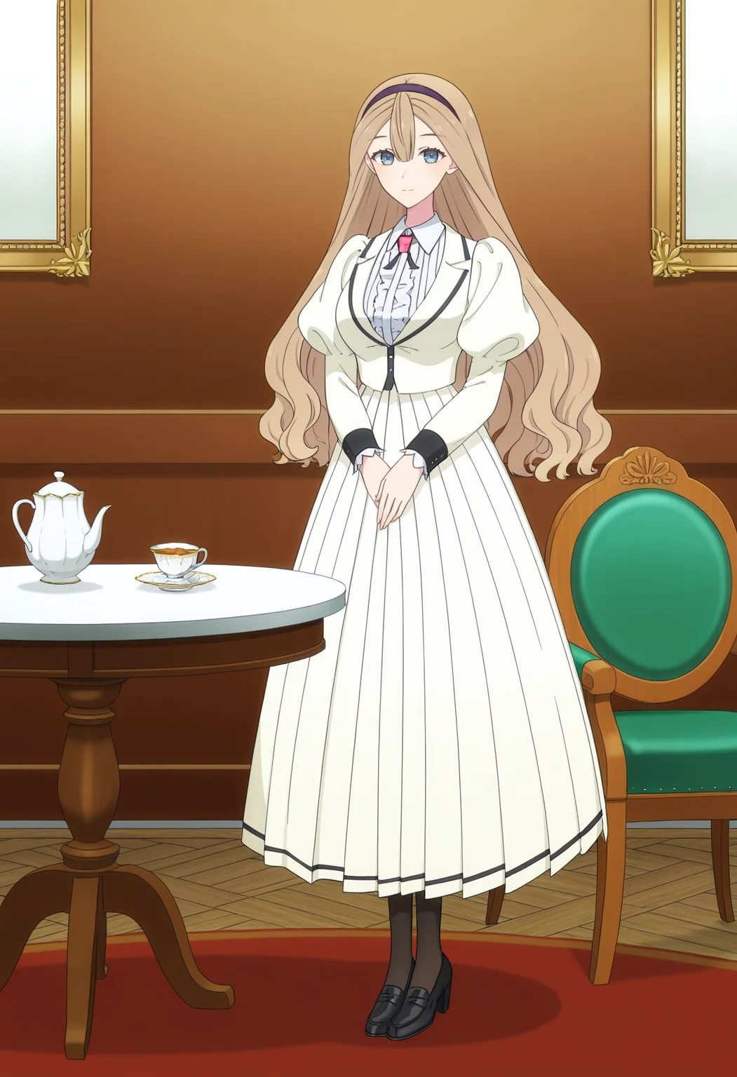 <lora:Yukari Fujimurasaki_illustrious (34):1>,
Yukari Fujimurasaki,teacup,solo,cup,table,hairband,long sleeves,dress,standing,teapot,blue eyes,saucer,chair,indoors,puffy sleeves,long skirt,skirt,white dress,tea,pantyhose,black footwear,loafers,high heels,looking_at_viewer,