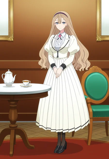 <lora:Yukari Fujimurasaki_illustrious (34):1>,
Yukari Fujimurasaki,teacup,solo,cup,table,hairband,long sleeves,dress,standing,teapot,blue eyes,saucer,chair,indoors,puffy sleeves,long skirt,skirt,white dress,tea,pantyhose,black footwear,loafers,high heels,looking_at_viewer,