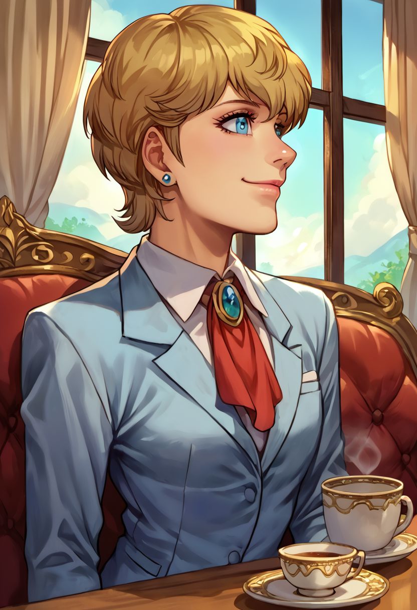 score_9, score_8_up, score_7_up, source_anime,
, (best quality) , (highly detailed) ,masterpiece ,absurdres ,detailed face ,beautiful face ,
<lora:pony_xl_Hildegard:0.8>,Hildegard,score_9,score_8_up,1girl,female,kawaii,solo,short hair,earrings,suit,white collared shirt,ascot,brooch,upper_body,looking_at_viewer,smile,closed mouth,sitting,couch,table,window_,curtains,stretching your spine,cup,teacup,saucer,parody,
OverallDetail