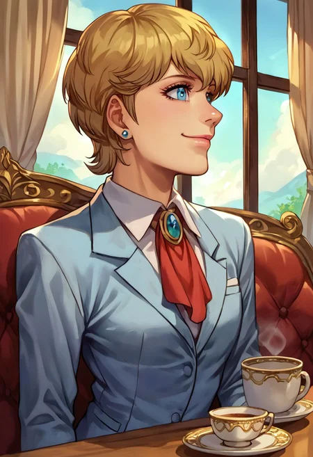 score_9, score_8_up, score_7_up, source_anime,
, (best quality) , (highly detailed) ,masterpiece ,absurdres ,detailed face ,beautiful face ,
<lora:pony_xl_Hildegard:0.8>,Hildegard,score_9,score_8_up,1girl,female,kawaii,solo,short hair,earrings,suit,white collared shirt,ascot,brooch,upper_body,looking_at_viewer,smile,closed mouth,sitting,couch,table,window_,curtains,stretching your spine,cup,teacup,saucer,parody,
OverallDetail