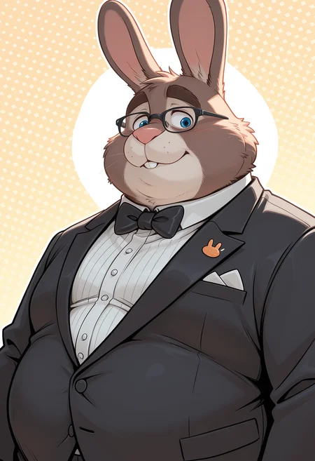 masterpiece, best quality, amazing quality, dutch angle, abstract background, BREAK
solo, 1boy, furry male, zoo_stu, rabbit boy, rabbit ears, blue eyes, glasses, overweight, tuxedo, black tuxedo, formal, bow tie, upper body focus, BREAK
<lora:cfg_scale_boost:.6> <lora:Stu_Hopps_-_Zootopia_-_ILXL:1>