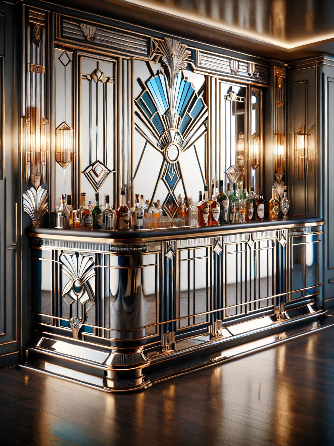 an elegant ais-artdeco bar with a mirrored backsplash <lora:Art_Deco_Style_SDXL:1>