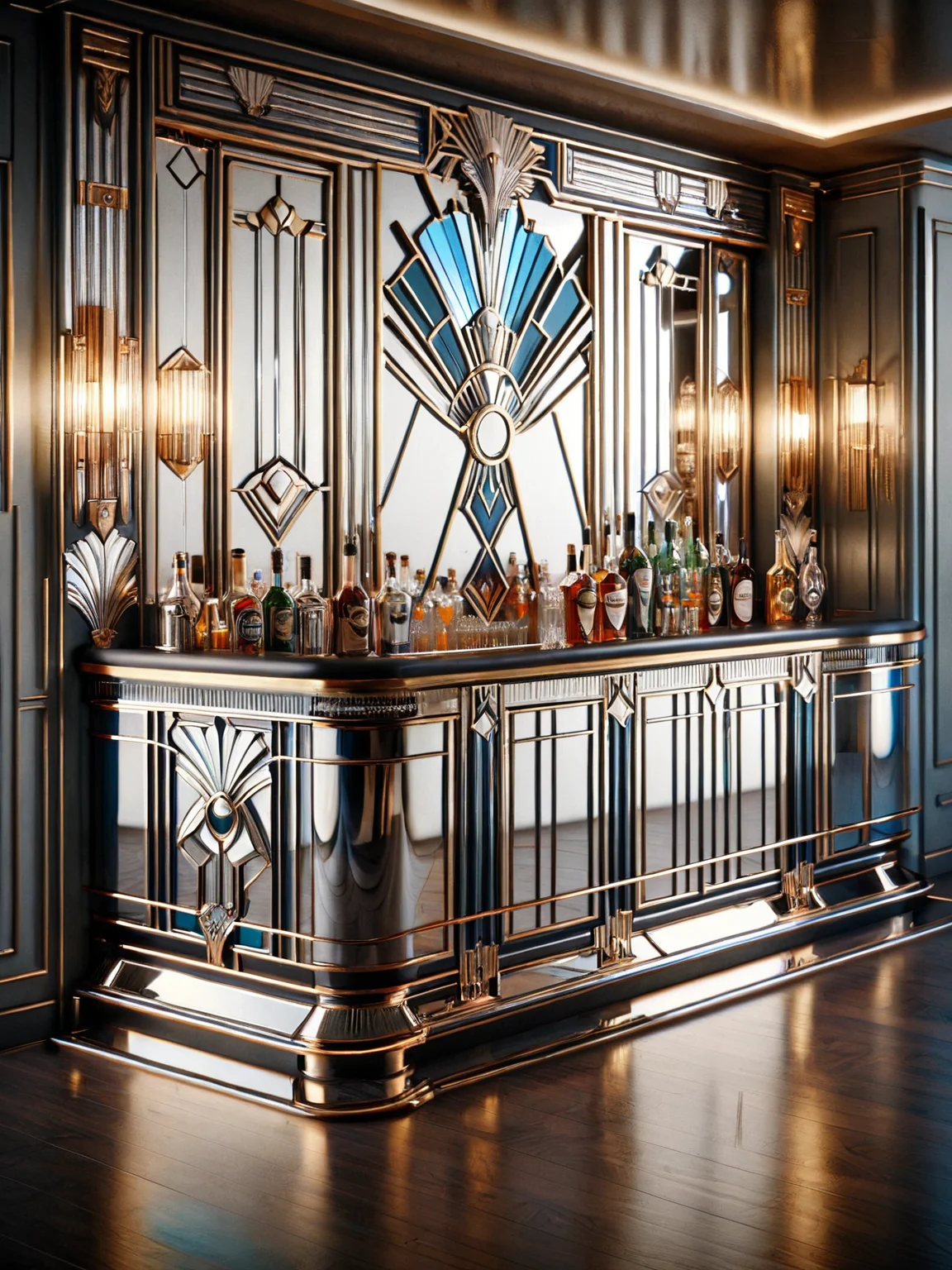 an elegant ais-artdeco bar with a mirrored backsplash <lora:Art_Deco_Style_SDXL:1>