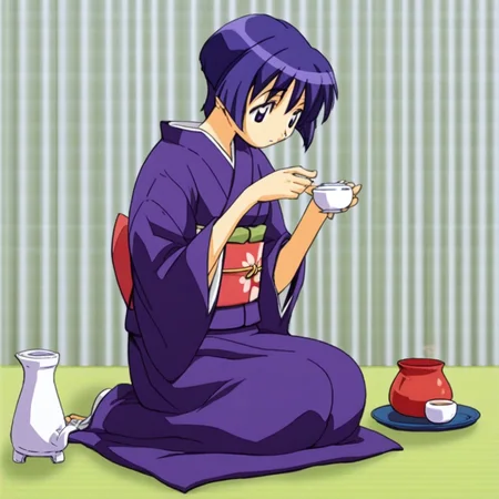 score_9, solo, sakurabi_aoi, short_hair, purple hair, kimono, obi, sitting, tea