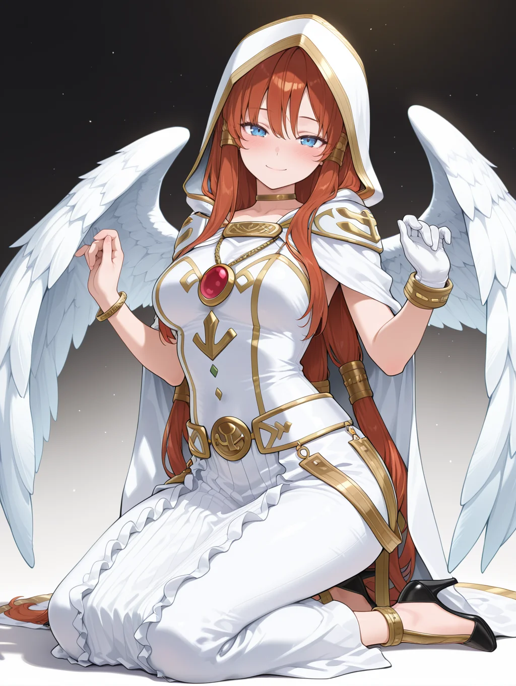 minerva - the exalted lightsworn,1girl,solo,smile,blush,gold hair tubes,black high heels,looking at viewer,angel wings,gold choker,white cape,white long dress,single white glove,hood up,white hood,kneeling,red jewelry,gradient background,
masterpiece,best quality,amazing quality,very aesthetic,absurdres,newest,<lora:Minerva, the Exalted Lightsworn illuXL v1.1:0.75>,