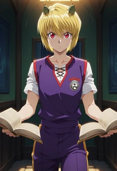 masterpiece, best quality, intricate details, anime screencap, anime coloring, , looking at viewer, , 1boy, solo, male focus, <lora:kurapika_hxh_ilxl:1>, kurapika_hxh, blonde hair, red eyes, short hair, bangs, hair between eyes, , magic academy, floating books, practice circles, arcane symbols, casting pose, concentrated expression, indoor lighting, Hiking pants, RoyalPurple Leopard print Broderie anglaise Henley thermal shirt, , Cricket hat,