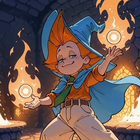<lora:Neznajka:0.9>, (rich colors:1.3), <lora:aidmaMJ6.1_v0.5_IL:0.8> <lora:princess_xl_v2:0.7>, blue hat, Neznajka,orange shirt, 1boy, necktie, belt, beige wide pants, cartoon, casting spell, magic, rpg, smug, close, battle pose, dynamic, domination, power, sexy, wizard, dark fantasy, magic aura, fantasy dungeon, monsters, blue cloak
