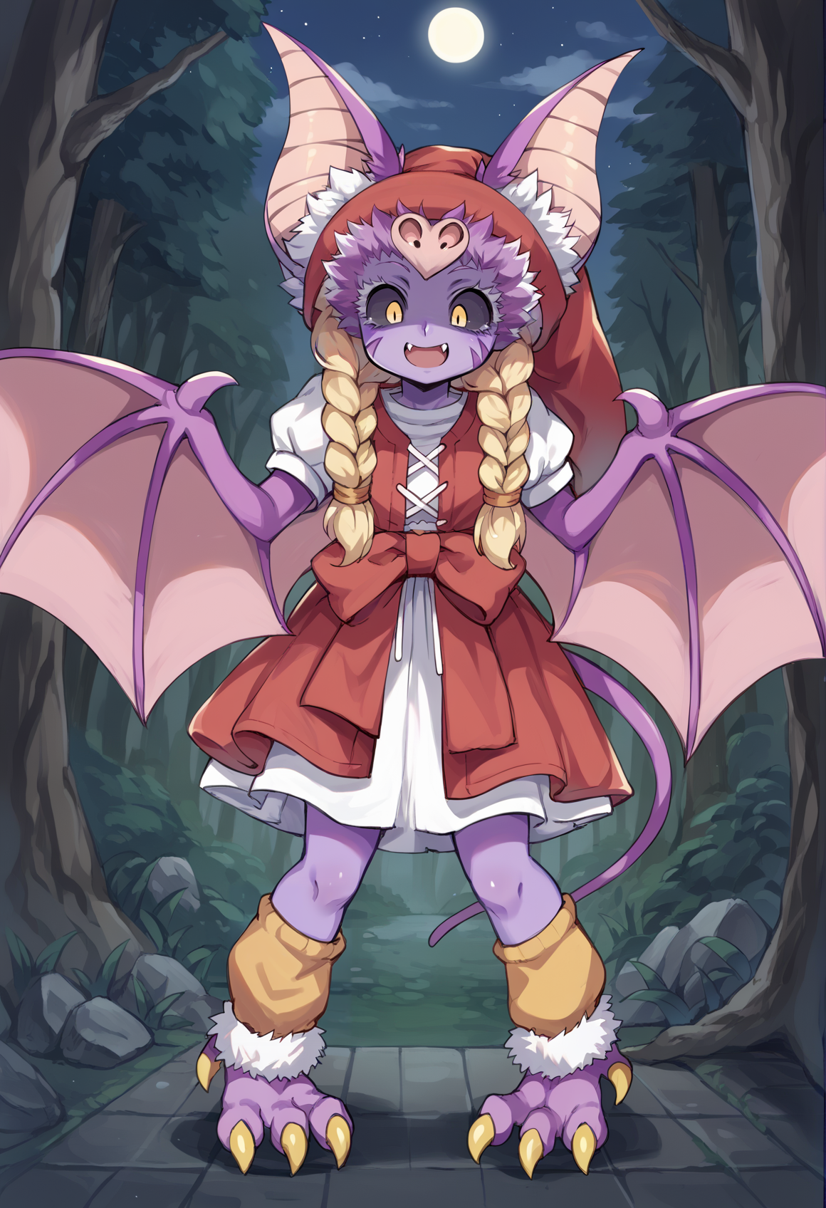 1girl, solo veronica dq11,hat,dress,bracelet, smile  <lora:veronica dq11PonyXL:1> harpy, monster girl, yellow eyes, Black Sclera, claws, fang, fur trim, bat wings, bat ears, tail, colored skin, bat girl, purple skin, outdoors, forest, night, night sky, <lora:Succubat_XL:1> looking down, surprised, panicking, shaded face, blonde hair, long hair, twin braids, score_9, score_8_up, score_7_up, score_6_up, score_5_up, score_4_up, BREAK source_anime, masterpiece