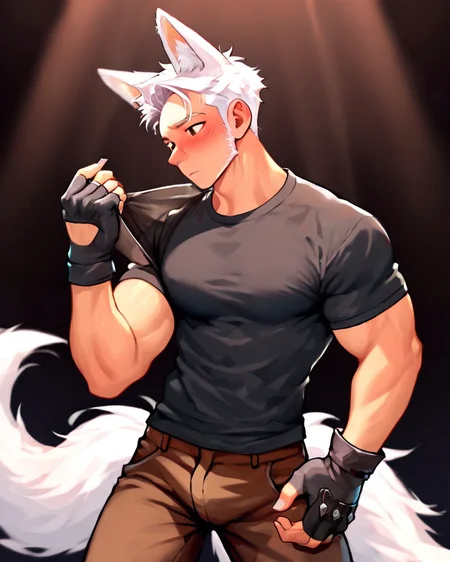 masterpiece, best quality, amazing quality, 1boy, solo, masterpiece, best quality, animal ears,short hair, muscular, pants, tails, white hair, brown pants, shirt,black shirt, blush,gloves,fox ears,fingerless gloves,fox tail, 9 tails, fox boy, sideburns, volumetric lighting, breeze style, muscular man,  <lora:BreeStyleWv1:1>