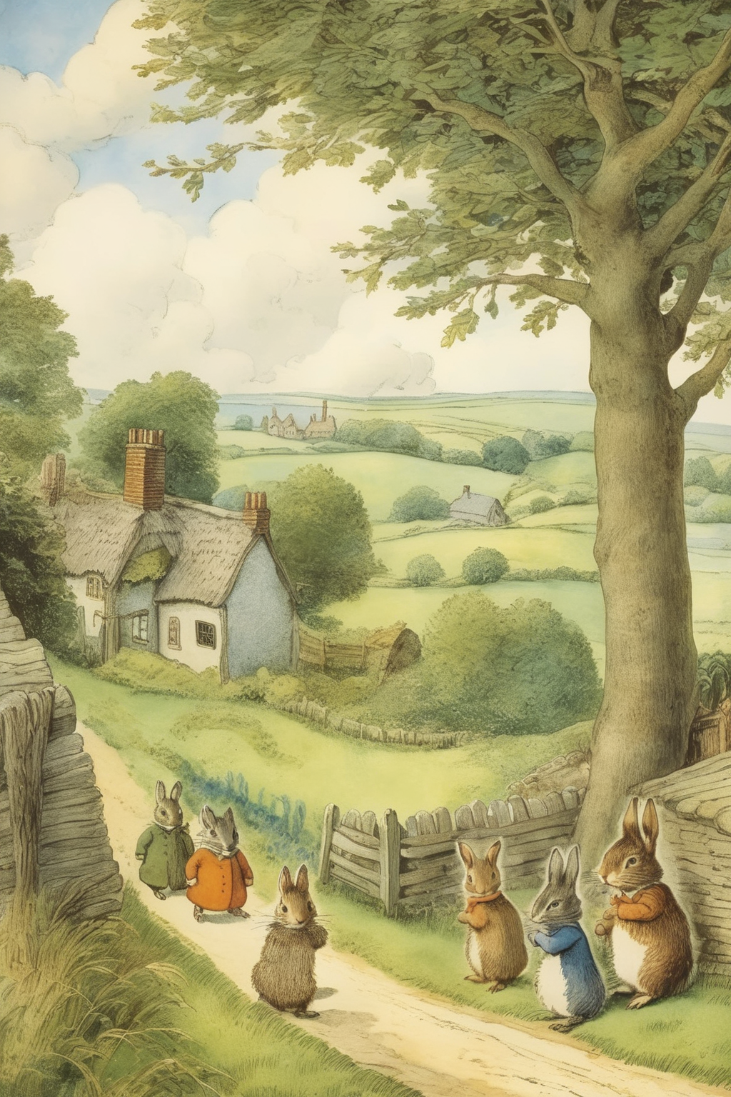 <lora:Randolph Caldecott Style:1>Randolph Caldecott Style - Randolph Caldecott, Beatrix potter, James herriot, maurice Sendak pastoral landscape art print