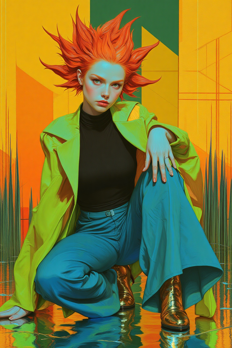 A hyper-realistic, highly detailed fashion photography editorial of a woman with porcelain skin and vibrant orange hair styled into wild, gravity-defying spikes. She wears a long avant-garde coat in chartreuse green with split tails and structured geometric shoulders, left open to reveal a fitted black top with high neck ruching. Her high-waist trousers in cobalt blue feature exaggerated flares at the ankles, complemented by sleek high-heeled boots in metallic gold. She squats low, her body balanced effortlessly, with one hand brushing against the surreal chrome-spiked floor while the other rests on her bent knee. Her intense gaze locks directly on the camera, creating a sense of confrontation. The background optical illusion consists of pulsating diamond-shaped gradients in yellow and orange, giving the scene a surreal, vibrating depth. HD, 8K, masterpiece quality, hyper-realistic, ultra-detailed.