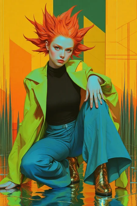 A hyper-realistic, highly detailed fashion photography editorial of a woman with porcelain skin and vibrant orange hair styled into wild, gravity-defying spikes. She wears a long avant-garde coat in chartreuse green with split tails and structured geometric shoulders, left open to reveal a fitted black top with high neck ruching. Her high-waist trousers in cobalt blue feature exaggerated flares at the ankles, complemented by sleek high-heeled boots in metallic gold. She squats low, her body balanced effortlessly, with one hand brushing against the surreal chrome-spiked floor while the other rests on her bent knee. Her intense gaze locks directly on the camera, creating a sense of confrontation. The background optical illusion consists of pulsating diamond-shaped gradients in yellow and orange, giving the scene a surreal, vibrating depth. HD, 8K, masterpiece quality, hyper-realistic, ultra-detailed.
