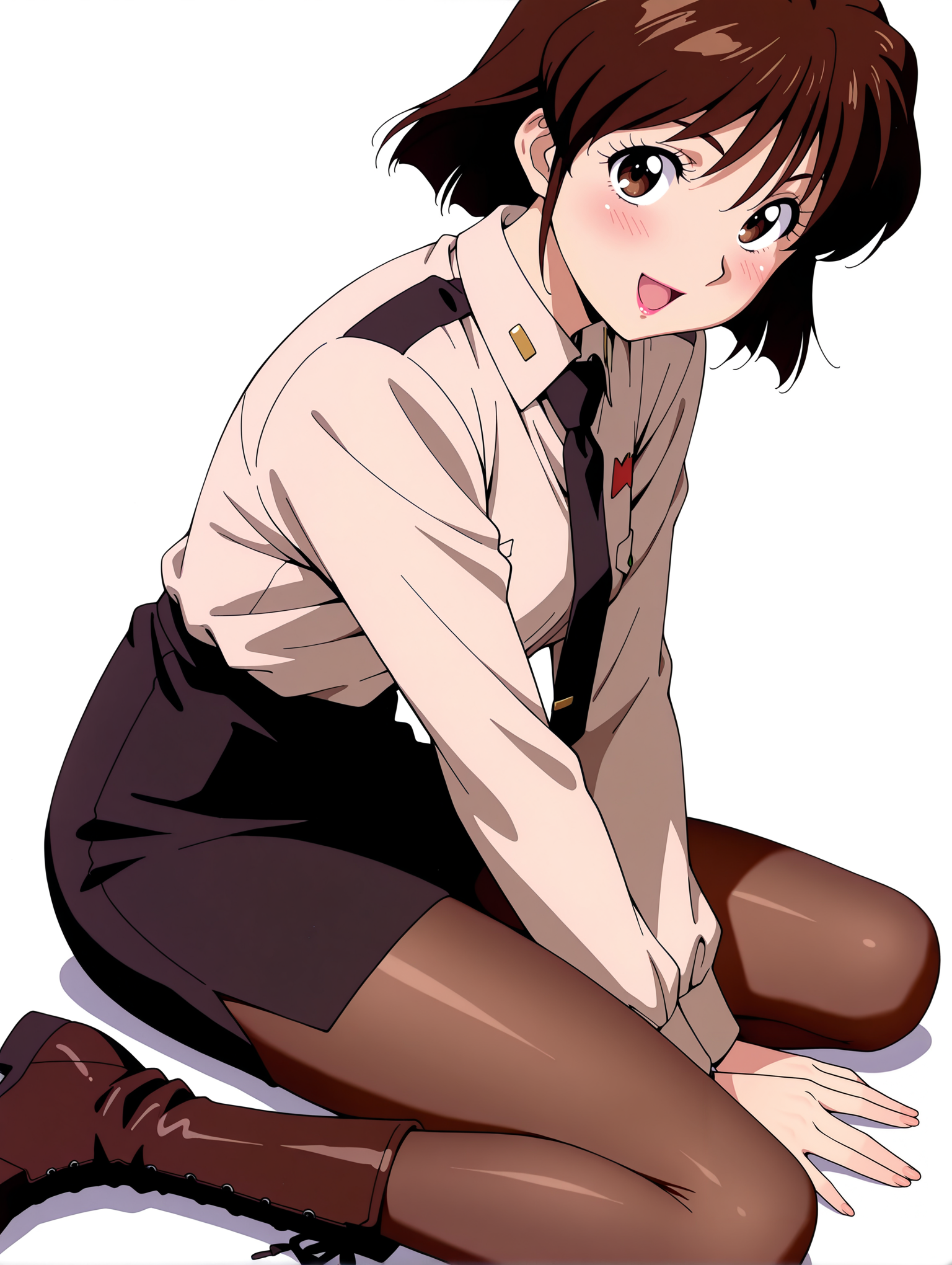 masterpiece,best quality,amazing quality,
1girl,solo,
<lora:Yuriko_Star_ilxl_v1.0:1>,Y_S,brown hair,short hair,brown eyes,lipstick,
y_clothes,shirt,black tie,black pencil skirt,brown pantyhose,boots,
<lora:Fixhands_anime_bdsqlsz_V1:1>,open mouth,smile,:d,sitting,blush,simple background,white background,looking_at_viewer,