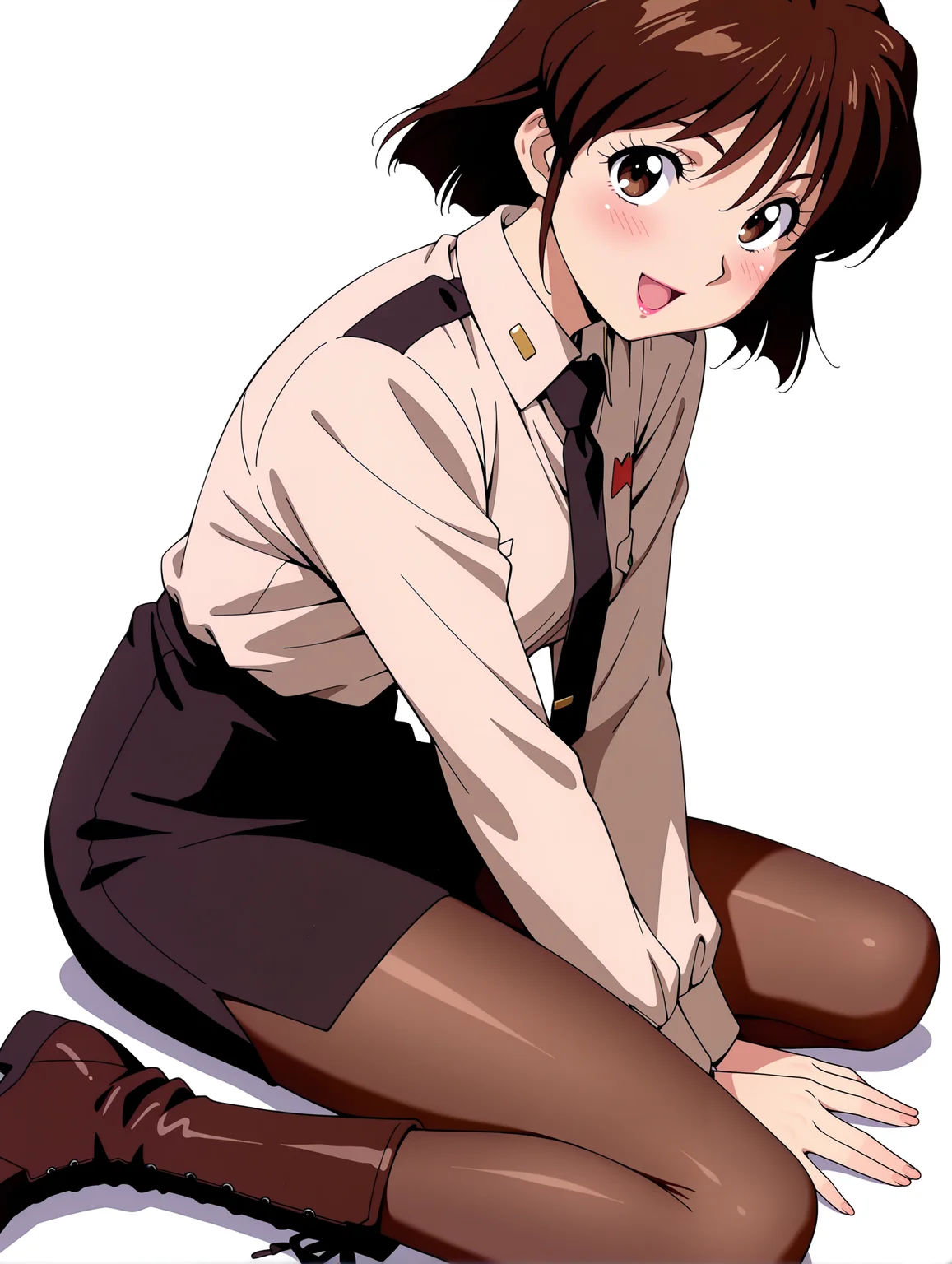 masterpiece,best quality,amazing quality,
1girl,solo,
<lora:Yuriko_Star_ilxl_v1.0:1>,Y_S,brown hair,short hair,brown eyes,lipstick,
y_clothes,shirt,black tie,black pencil skirt,brown pantyhose,boots,
<lora:Fixhands_anime_bdsqlsz_V1:1>,open mouth,smile,:d,sitting,blush,simple background,white background,looking_at_viewer,