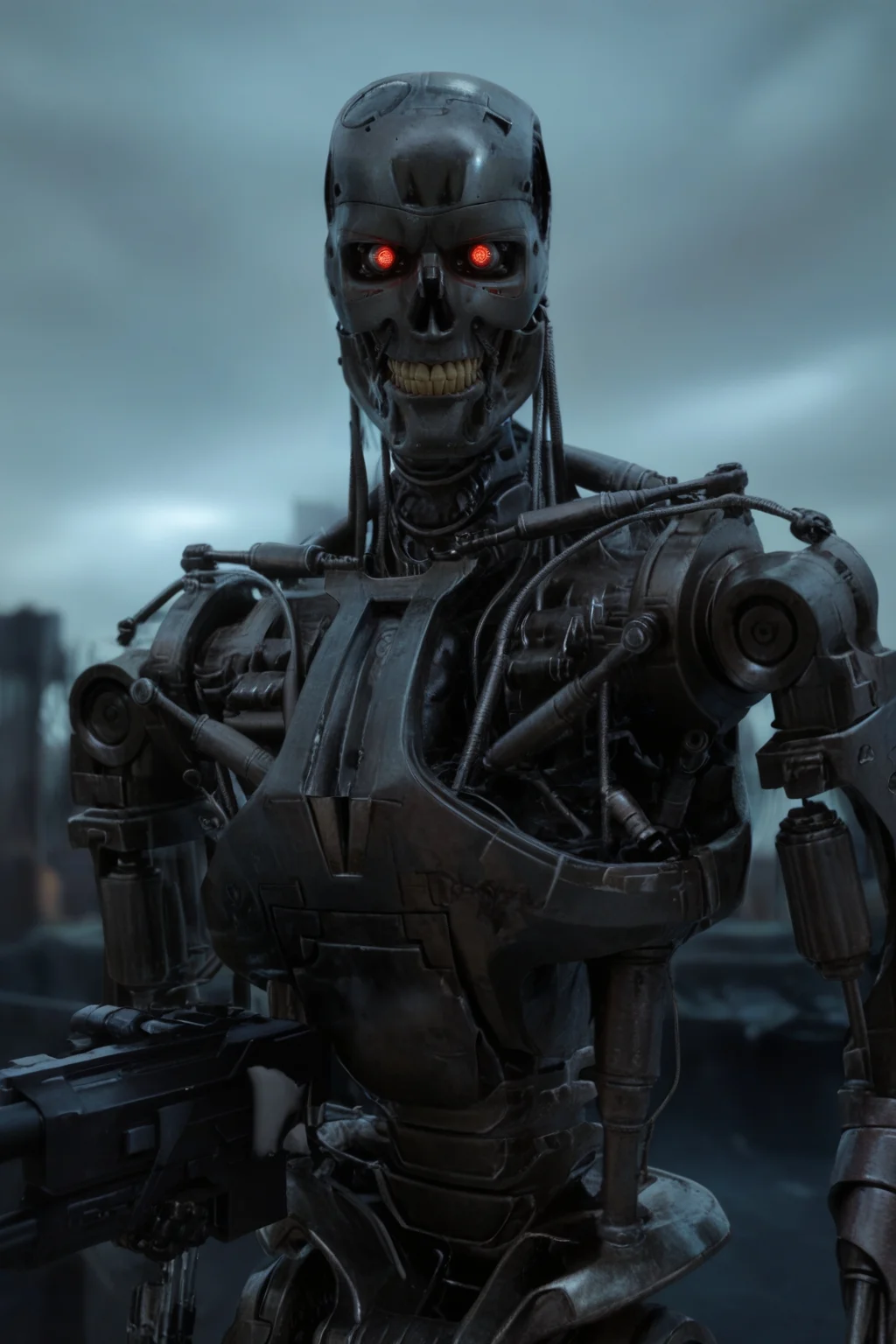 T800_Endo, Terminator robot, score_9, score_8_up, score_7_up, (source_IRL, source_movie), cinematic, realistic, masterpiece, high quality, highres RAW photo, ((upper body shot))
a T800_Endo Terminator Robot with red eyes, he is made of metal, <lora:T800_Endo_Terminator_Pony_v1:1>
(standing, holding a futuristic gun)
in a destroyed apocalyptic city, dark cloudy skies, Apocalyptic Landscape, destroyed city
dynamic lighting, highly detailed, intricate details, shadows, dark, at night